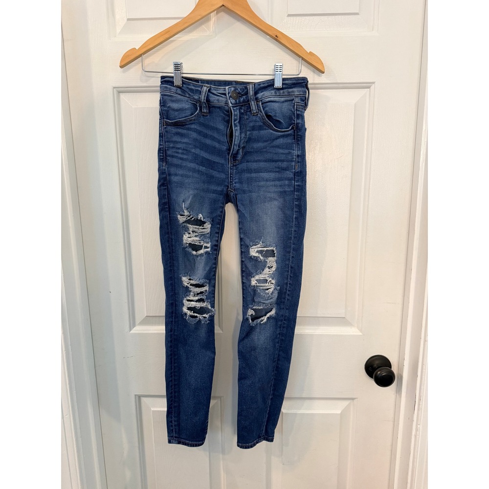 American Eagle Next Level Stretch High Rise Distressed Skinny Jeans Blue Size 2S